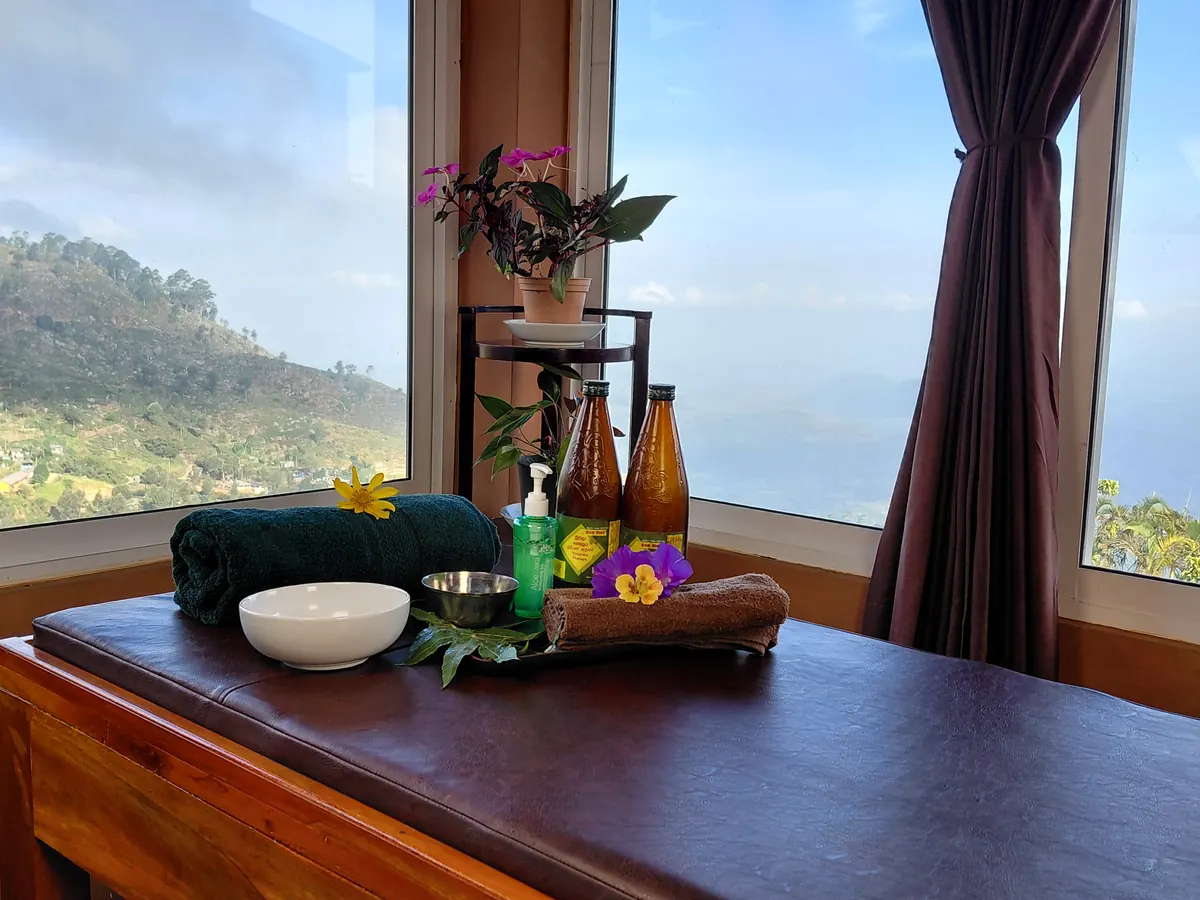 Ayurvedic treatment room prepared at The Mist in Haputale.
